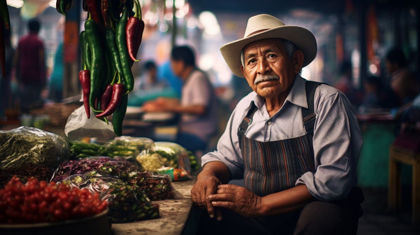 Eine Aufnahme eines geschäftigen Marktes in Mexiko mit bunten Ständen und traditionellem Handwerk.
