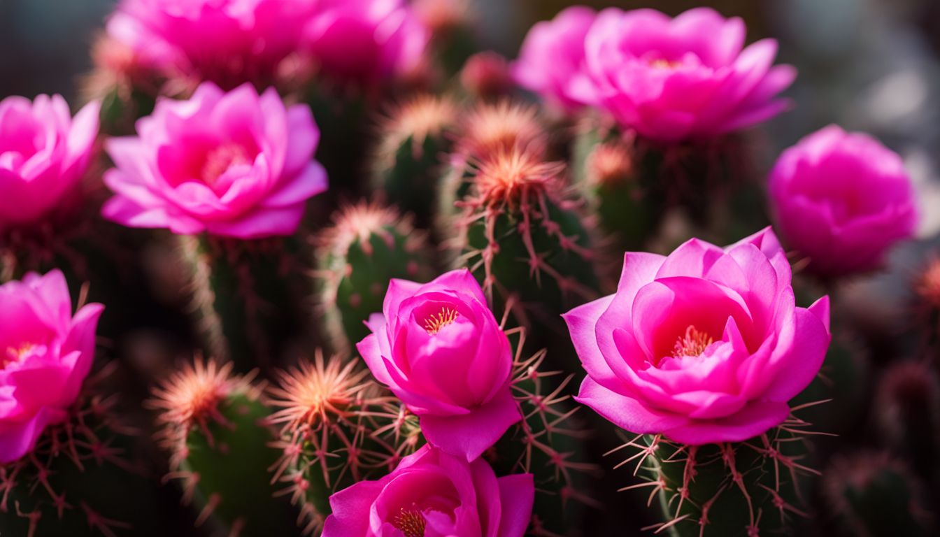 A vibrant close-up of rose-pink Easter cacti flowers in a tropical garden.
