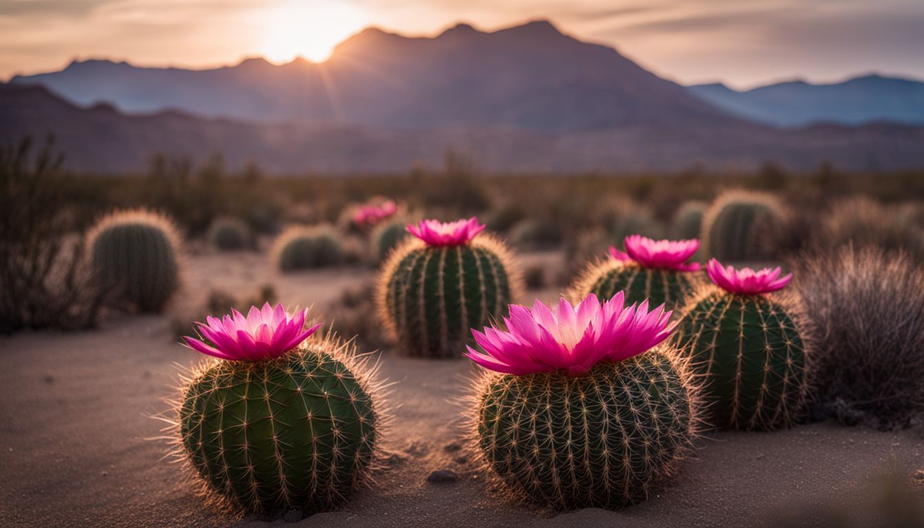 A vibrant blooming cactus in a desert landscape.