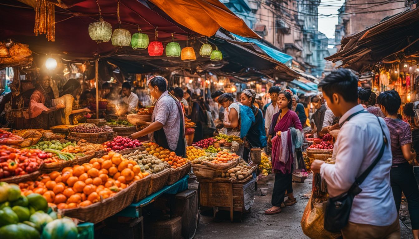 Ein Foto von einem bunten Straßenmarkt mit traditionellem Essen und Kunsthandwerk.