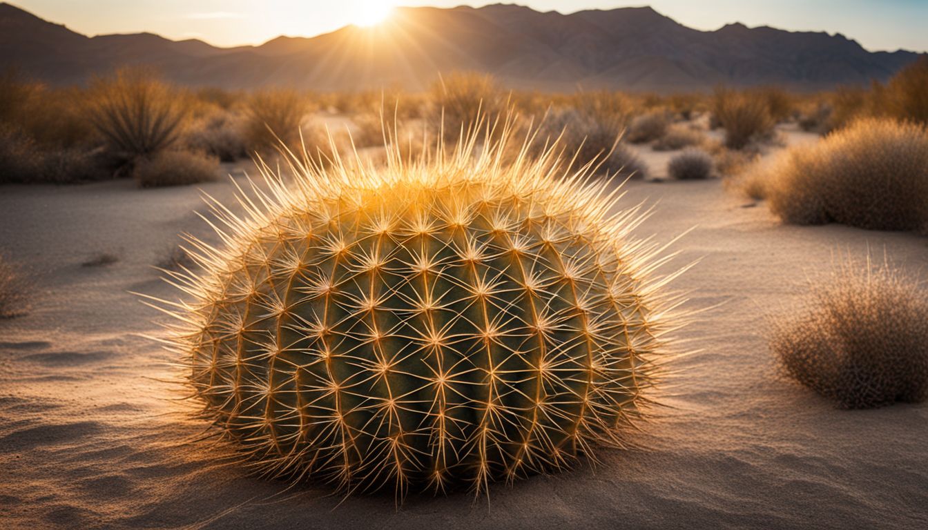 A close-up photo of a golden barrel cactus in a desert landscape.