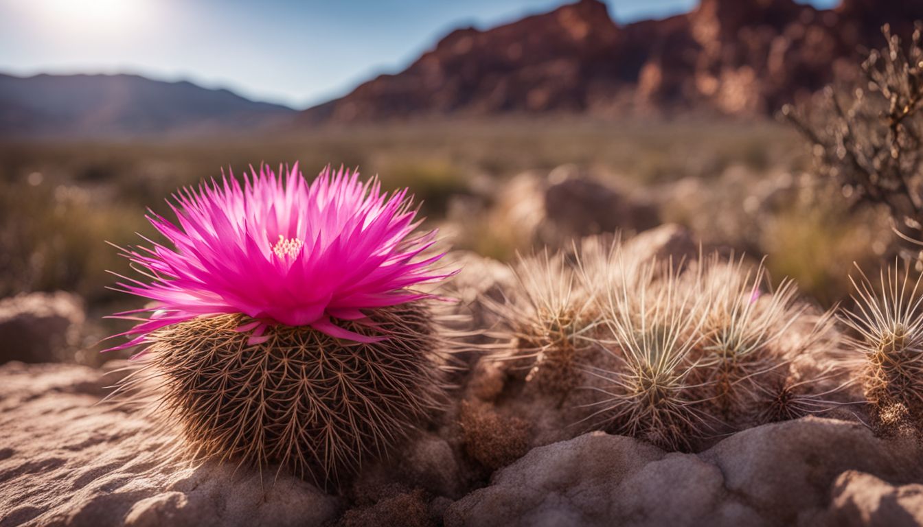 A close-up shot of a blooming Hedgehog Cactus in a rocky desert landscape.