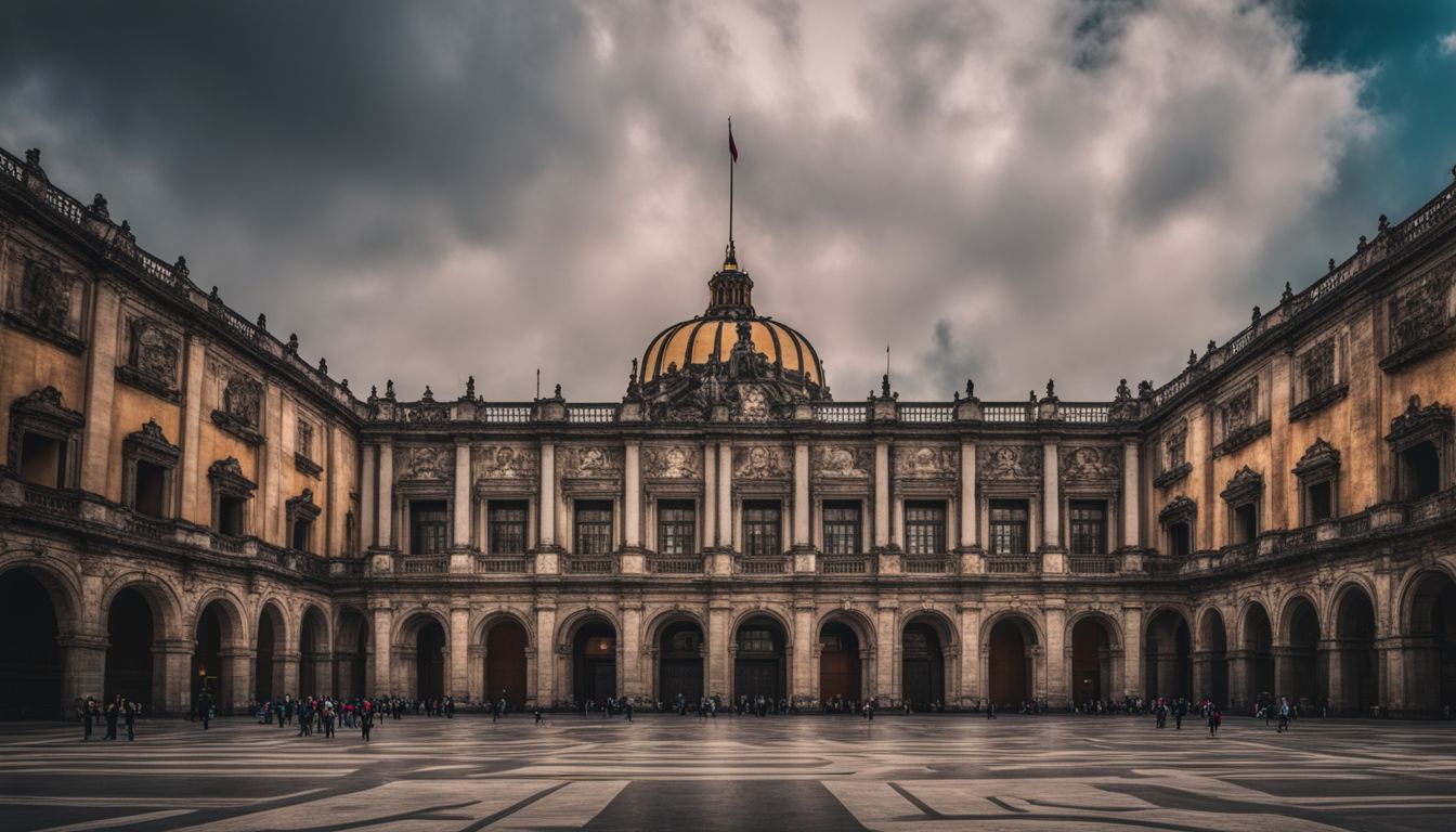 Ein Foto des Nationalpalastes in Mexiko-Stadt mit lebhafter Atmosphäre und vielfältigen Menschen.