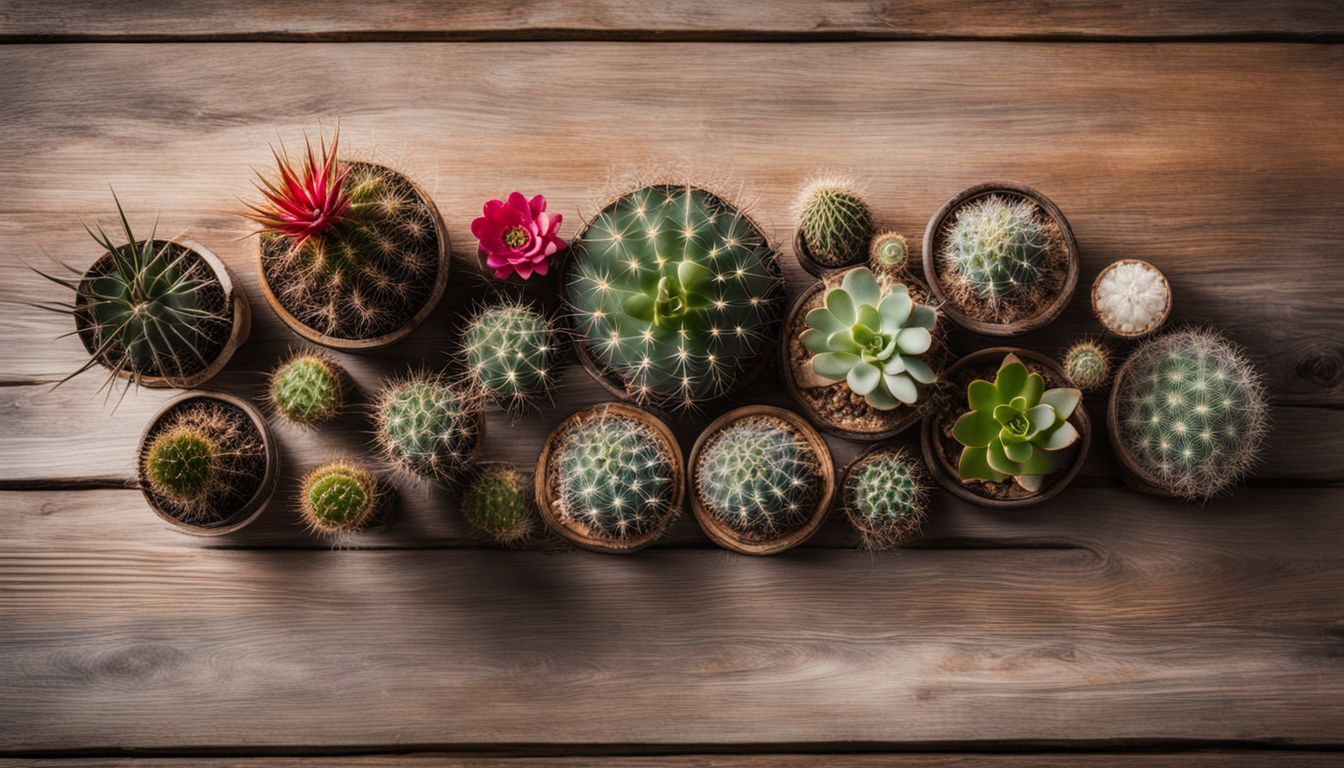 A vibrant arrangement of diverse cacti specimens on a wooden table.