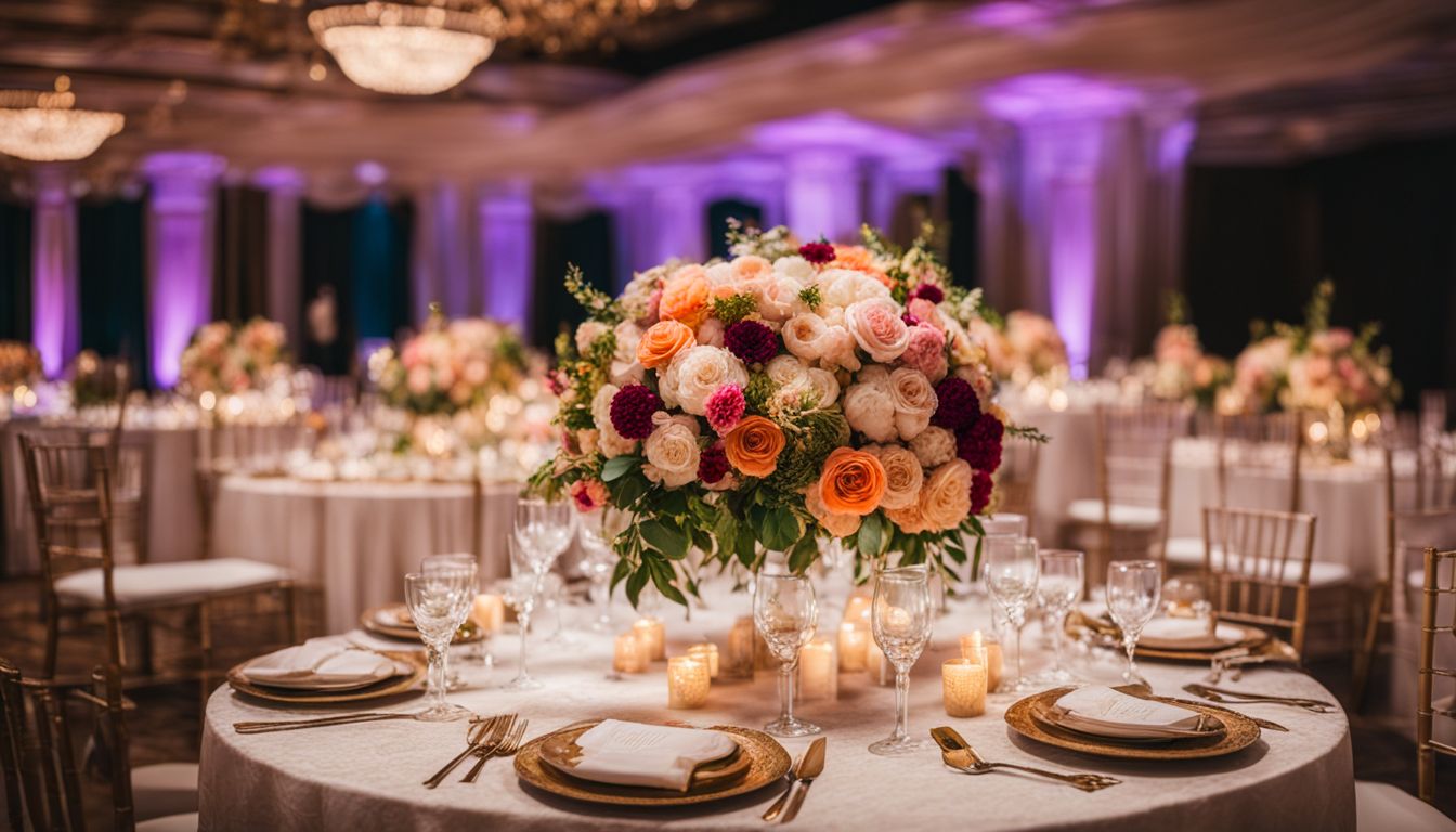 Bilde av en vakkert dekorert bryllupsfest med blomsterdekorasjoner og elegante detaljer.