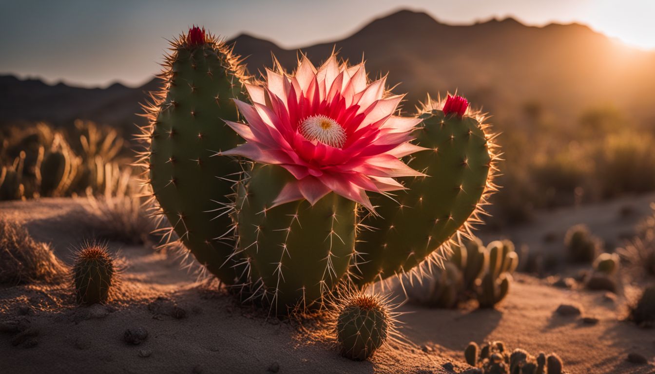 A vibrant Moon Cactus stands out in a desert landscape.