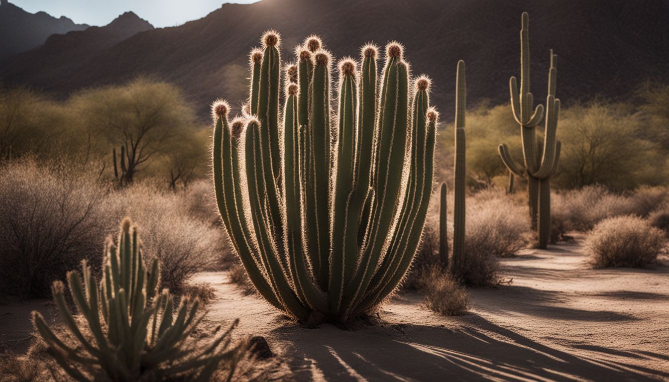 A photo of Organ Pipe Cactus in a desert landscape.