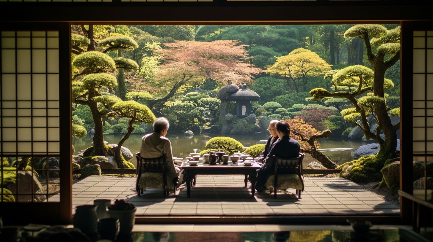 The subject of the photograph is a serene Japanese tea garden.