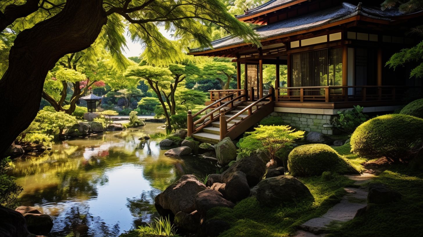The subject of the photograph is a serene Japanese tea garden.