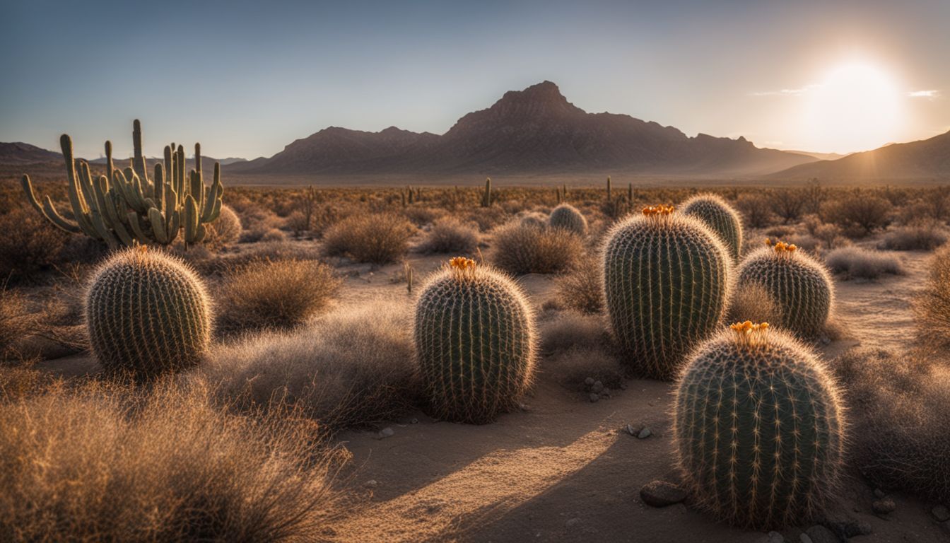A vibrant photo of Pincushion Cacti in a bustling desert landscape.