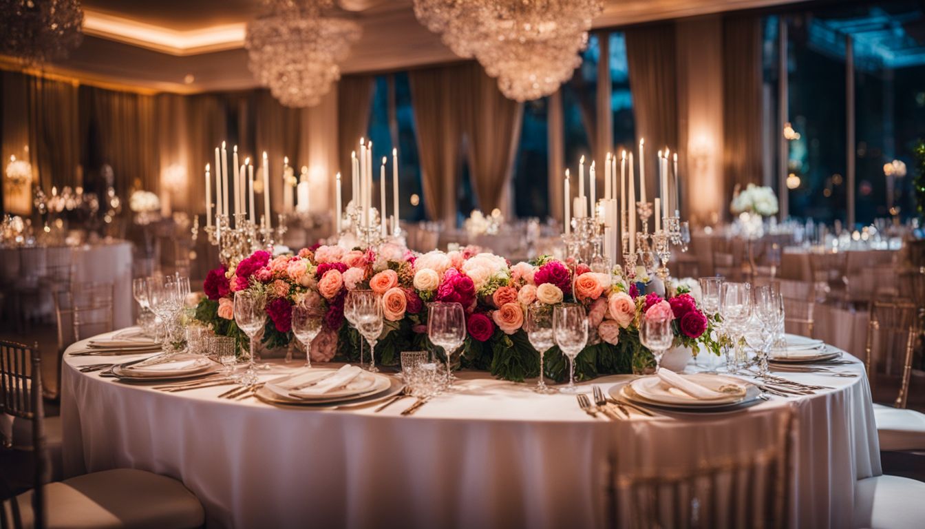 Et vakkert dekorert bryllupsbord med elegante blomsterarrangementer og varierte gjester.