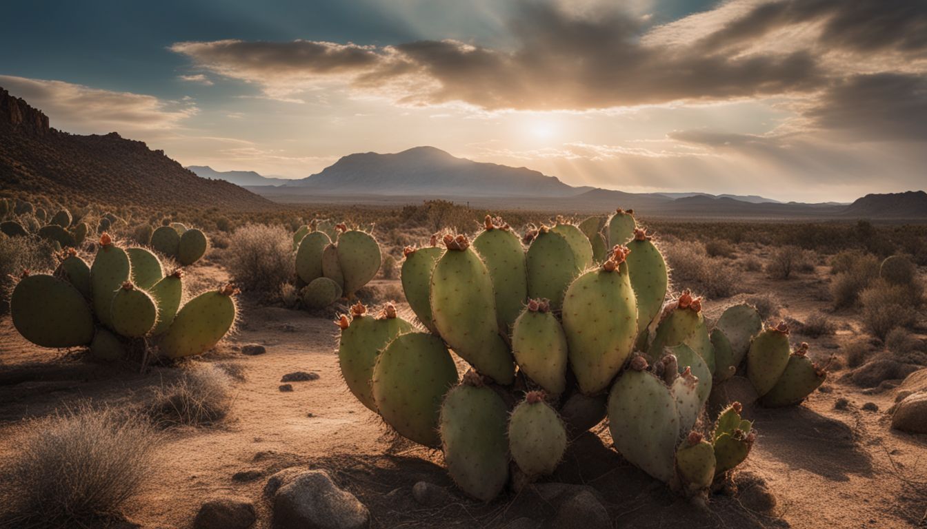 A vibrant cluster of prickly pear cacti in a desert landscape.