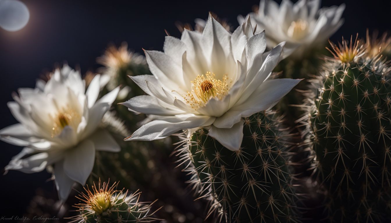 Close-up of Queen of the Night cactus blossoms illuminated by moonlight.