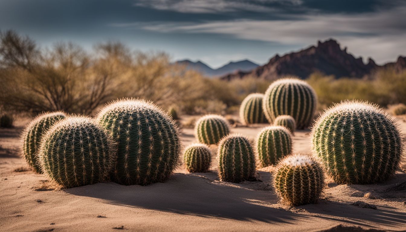 A photograph of diverse cacti in a desert landscape.