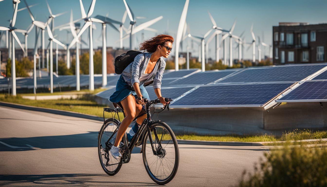 A person is cycling through a city street with renewable energy sources in the background.
