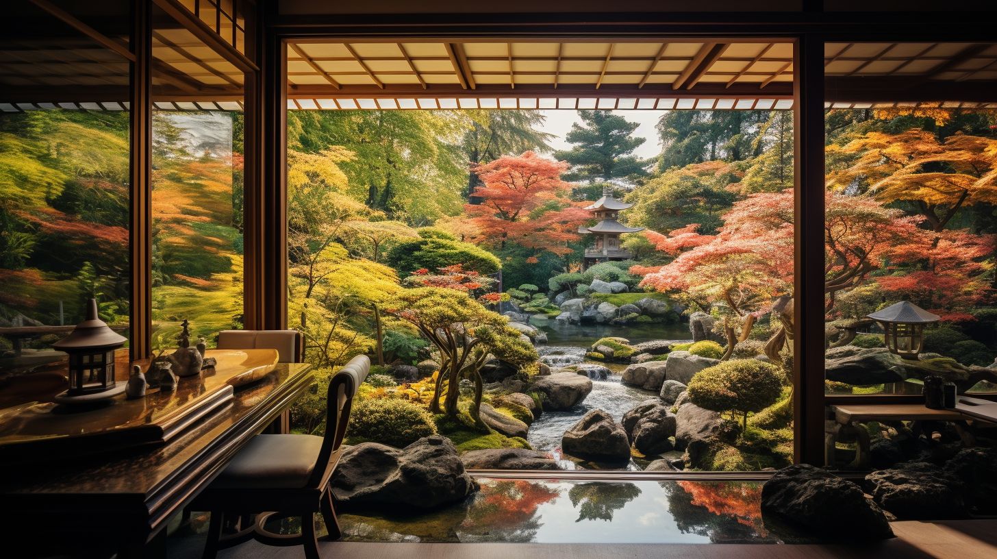 A serene Zen garden with a traditional tea house and vibrant foliage.