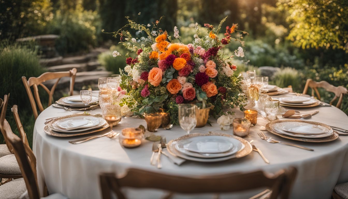 Et vakkert dekorert rundt bord med blomsteroppsatser i en hage.