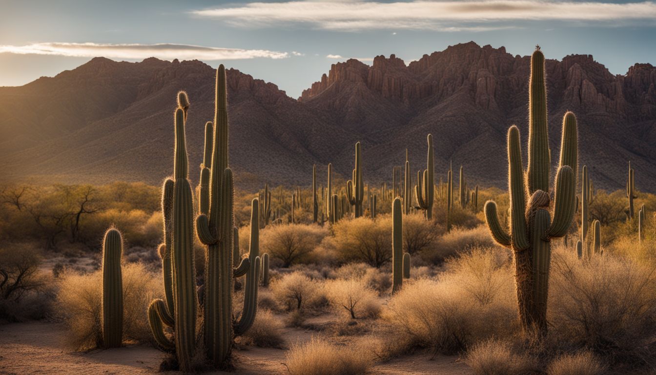 A group of Saguaro cacti standing tall in a desert landscape.