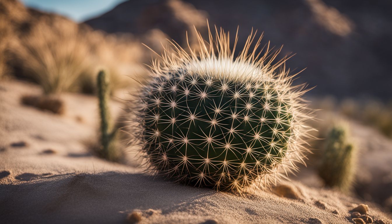 A vibrant Sclerocactus against a barren desert landscape in vivid detail.
