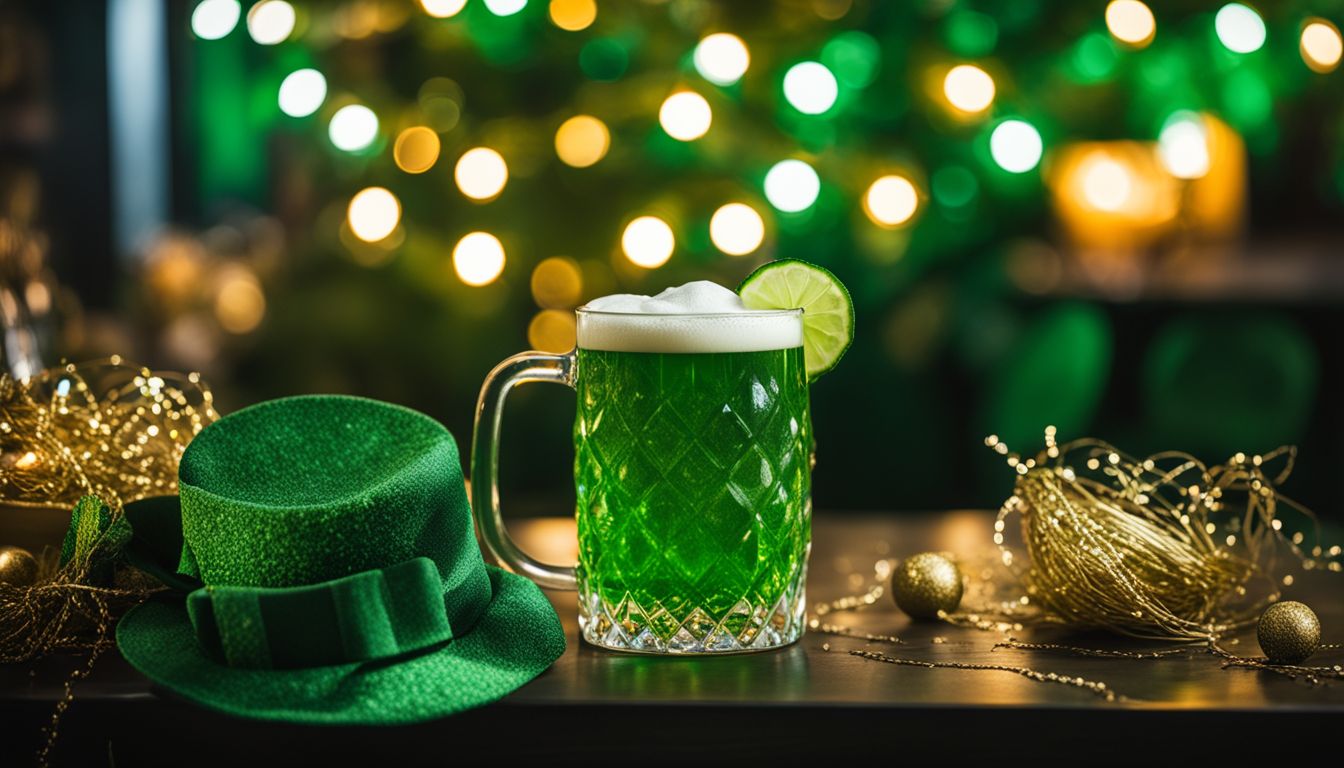 A Vibrant Close-Up Of A Glass Of Green Beer Surrounded By Festive St Patrick'S Day Decorations And Partygoers.