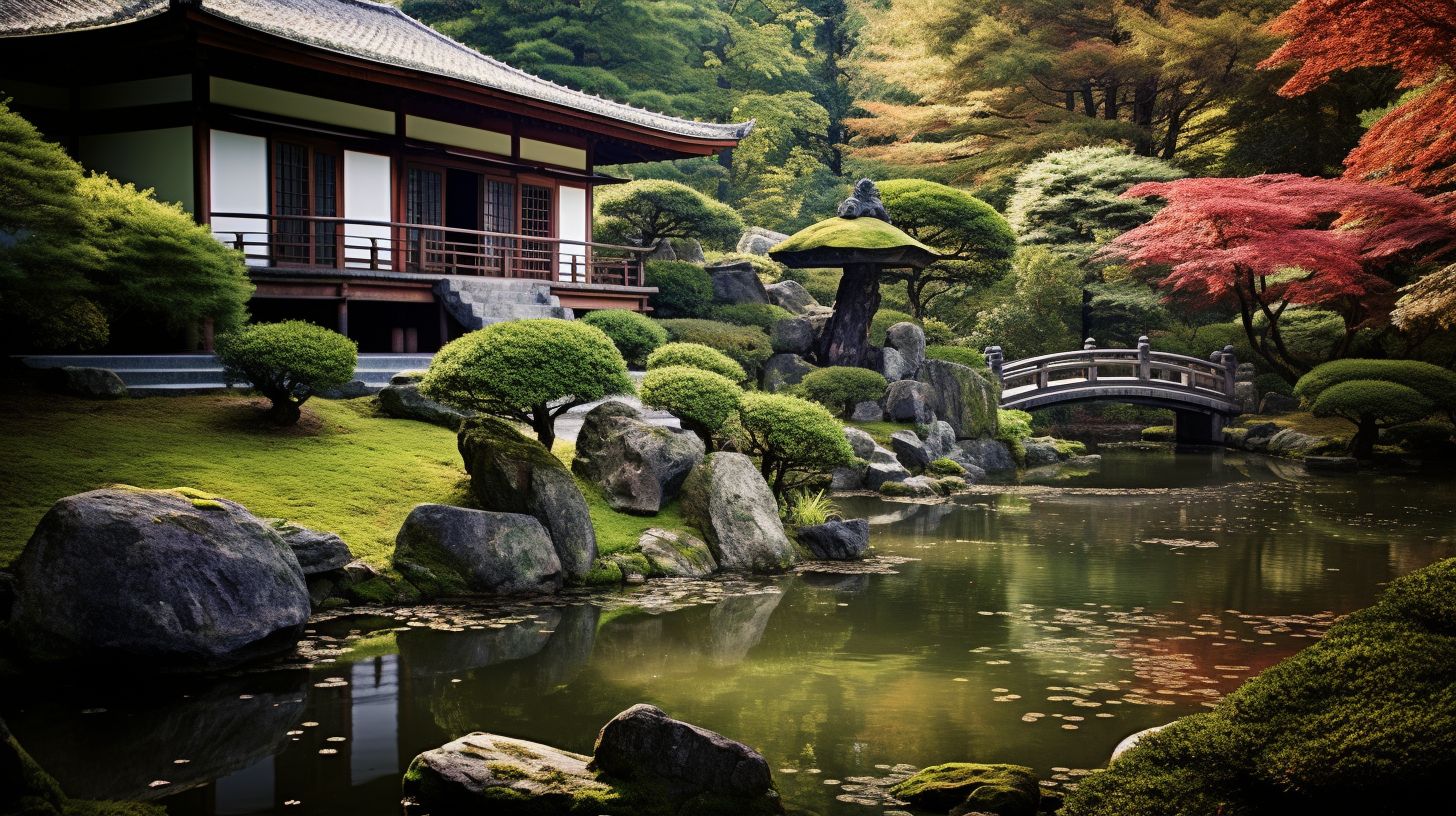 A serene Japanese tea house surrounded by a beautiful Zen garden.