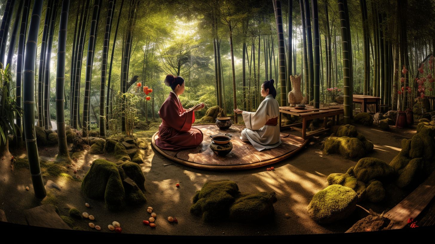 A traditional Japanese tea ceremony in a serene bamboo garden.