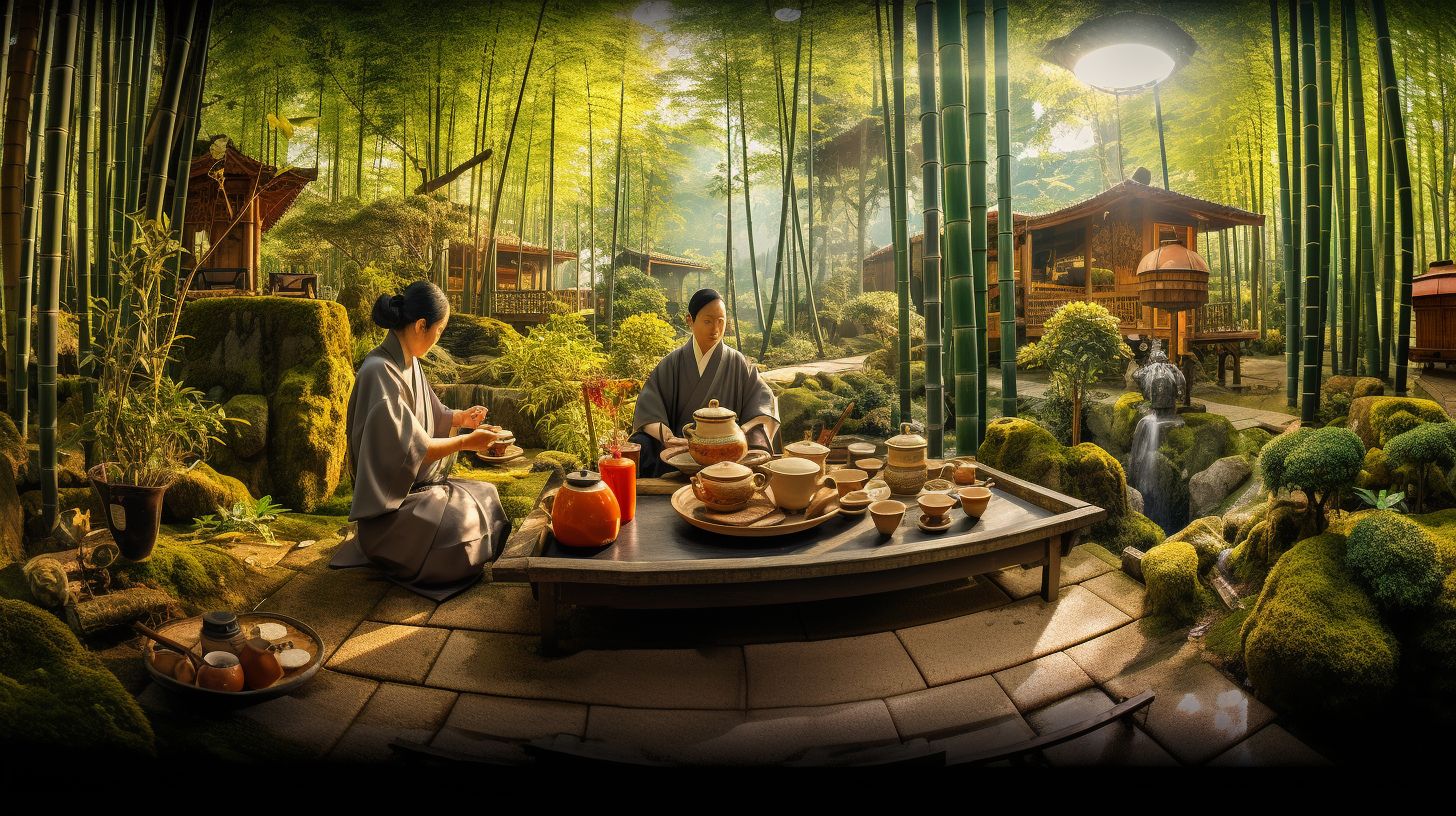 A traditional Japanese tea ceremony in a serene bamboo garden.