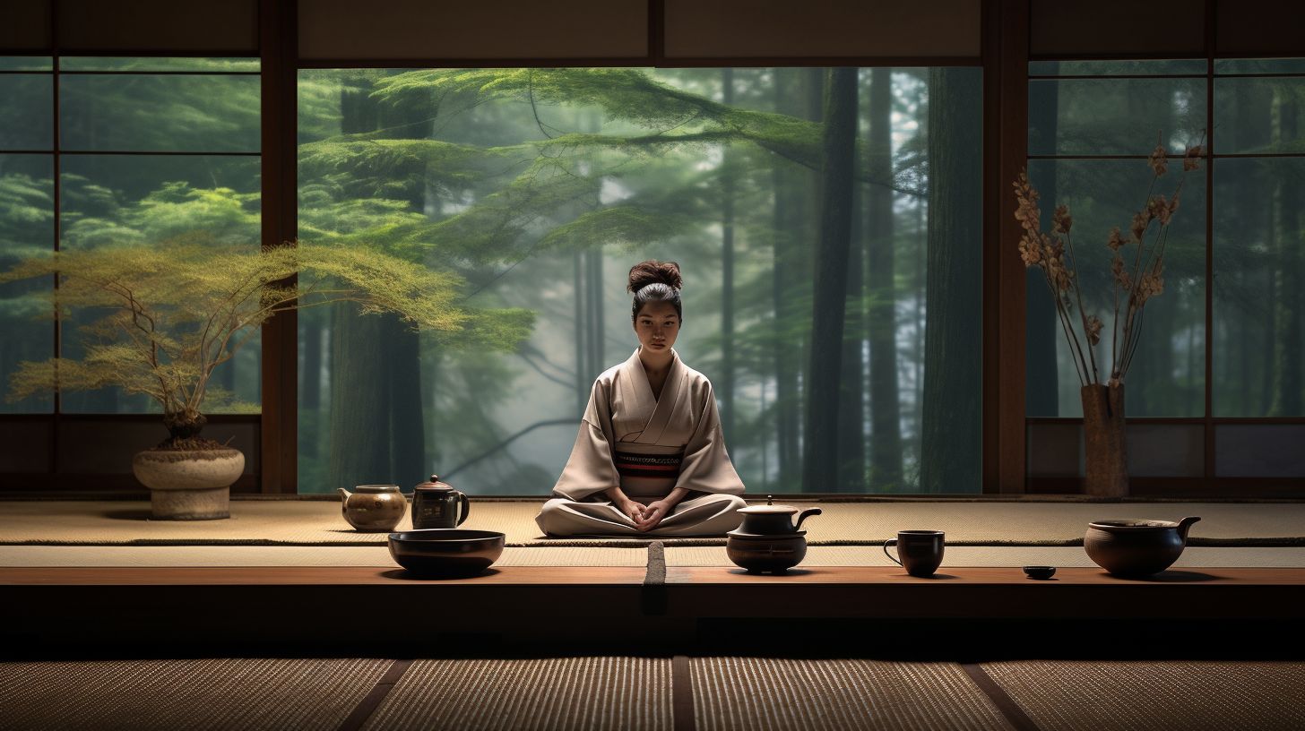 A tranquil tatami room showcasing a beautifully arranged Japanese tea set.
