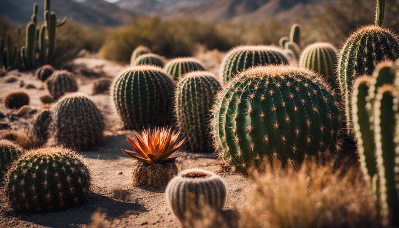 A vibrant collection of diverse cacti plants in a desert landscape.