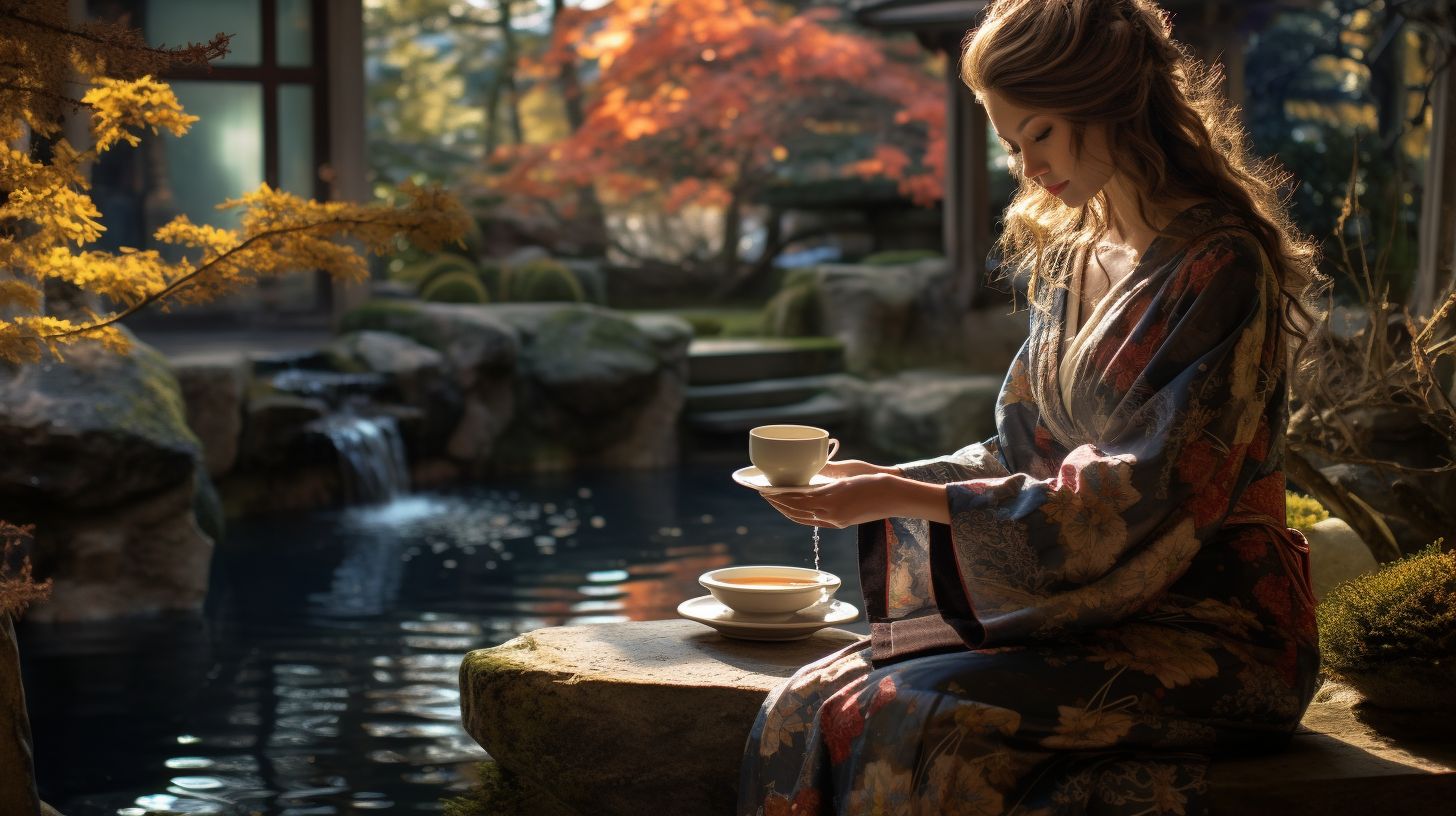 A woman in a kimono pours tea in a serene Japanese garden.