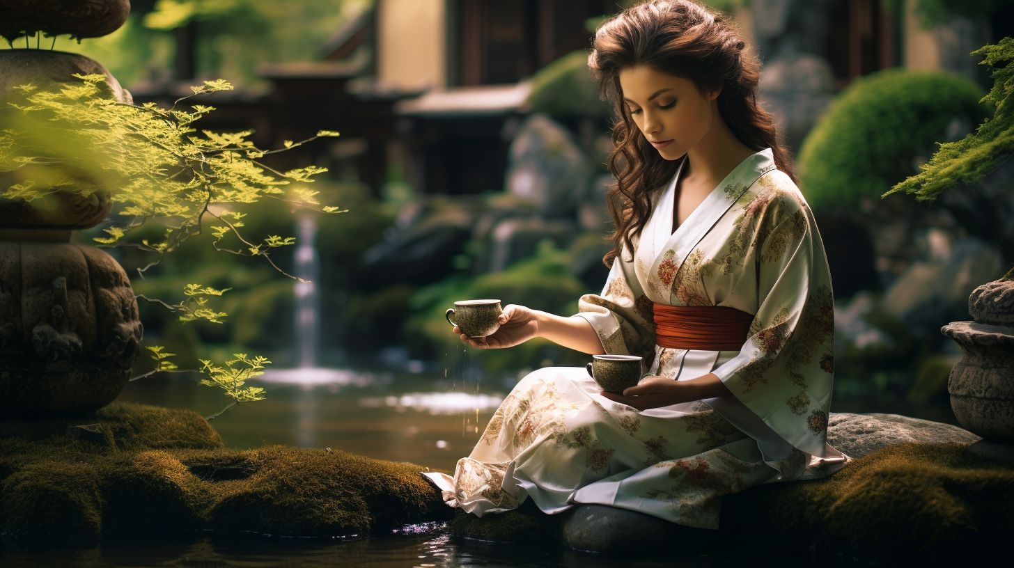 A woman in a kimono pours tea in a serene Japanese garden.