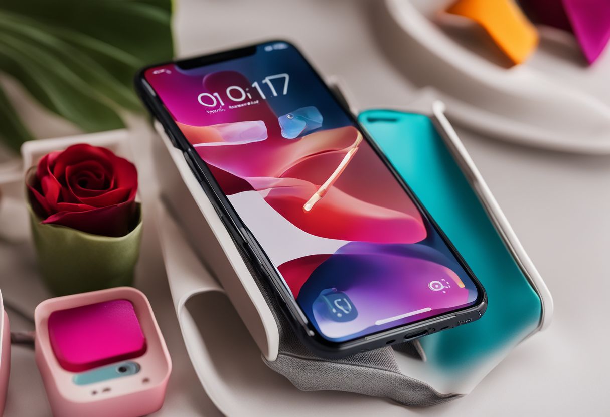 A close-up shot of an iPhone surrounded by colorful accessories.