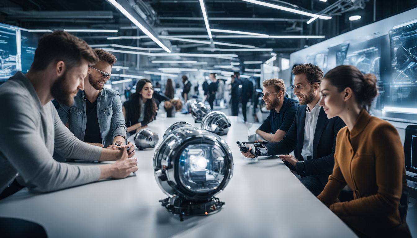 Eine Gruppe von Menschen interagiert mit Robotern in einem futuristischen Labor.