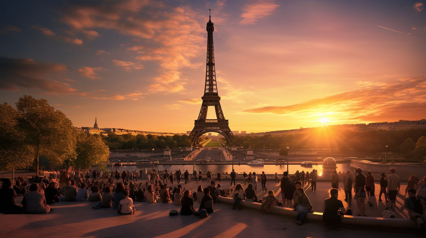Die Eiffelturm bei Sonnenuntergang mit vielen Touristen.