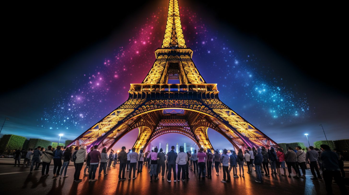 Das Bild zeigt die beleuchtete Eiffelturm bei Nacht mit Menschen.