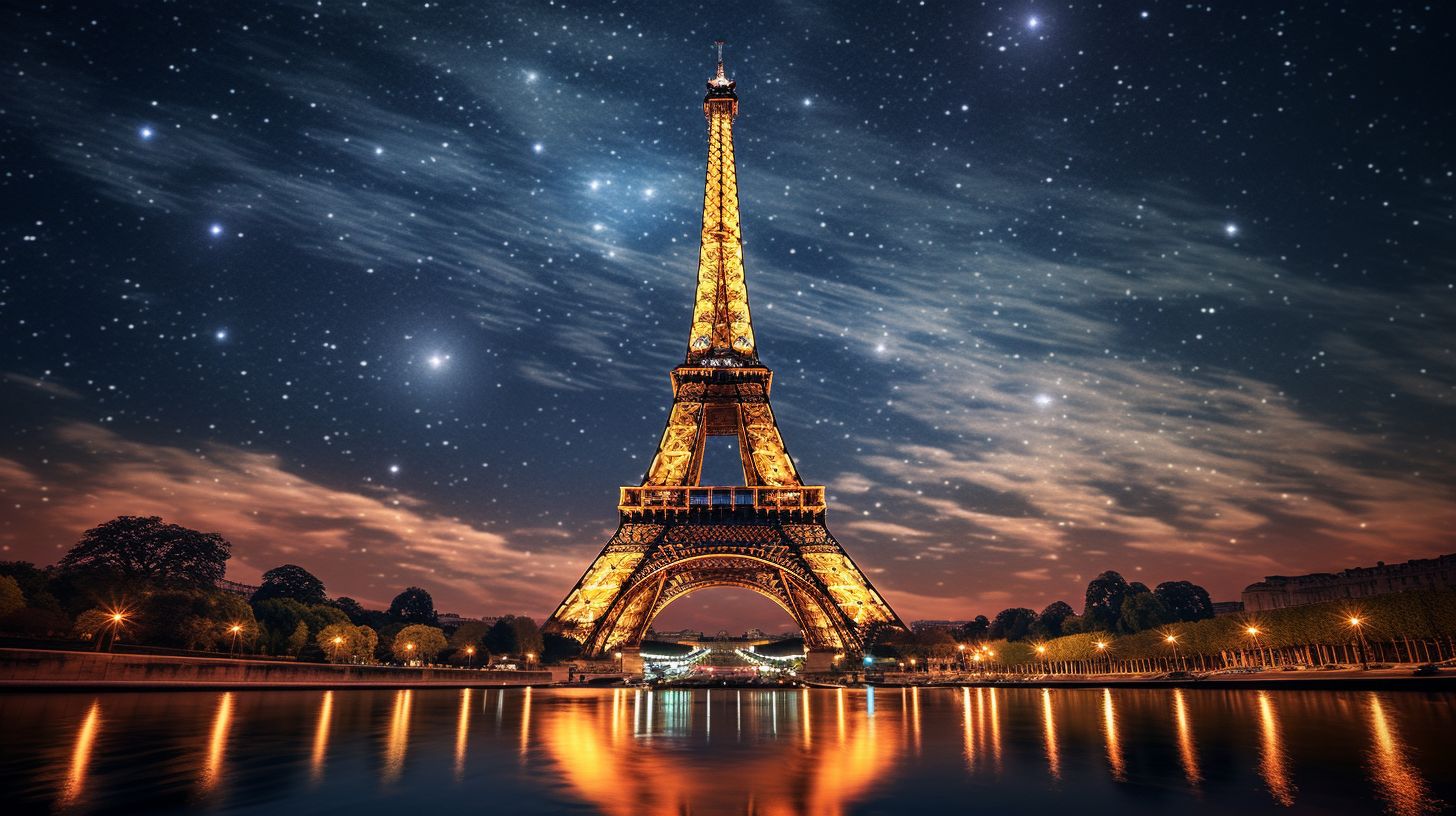 Ein atemberaubender Blick auf den beleuchteten Eiffelturm bei Nacht.