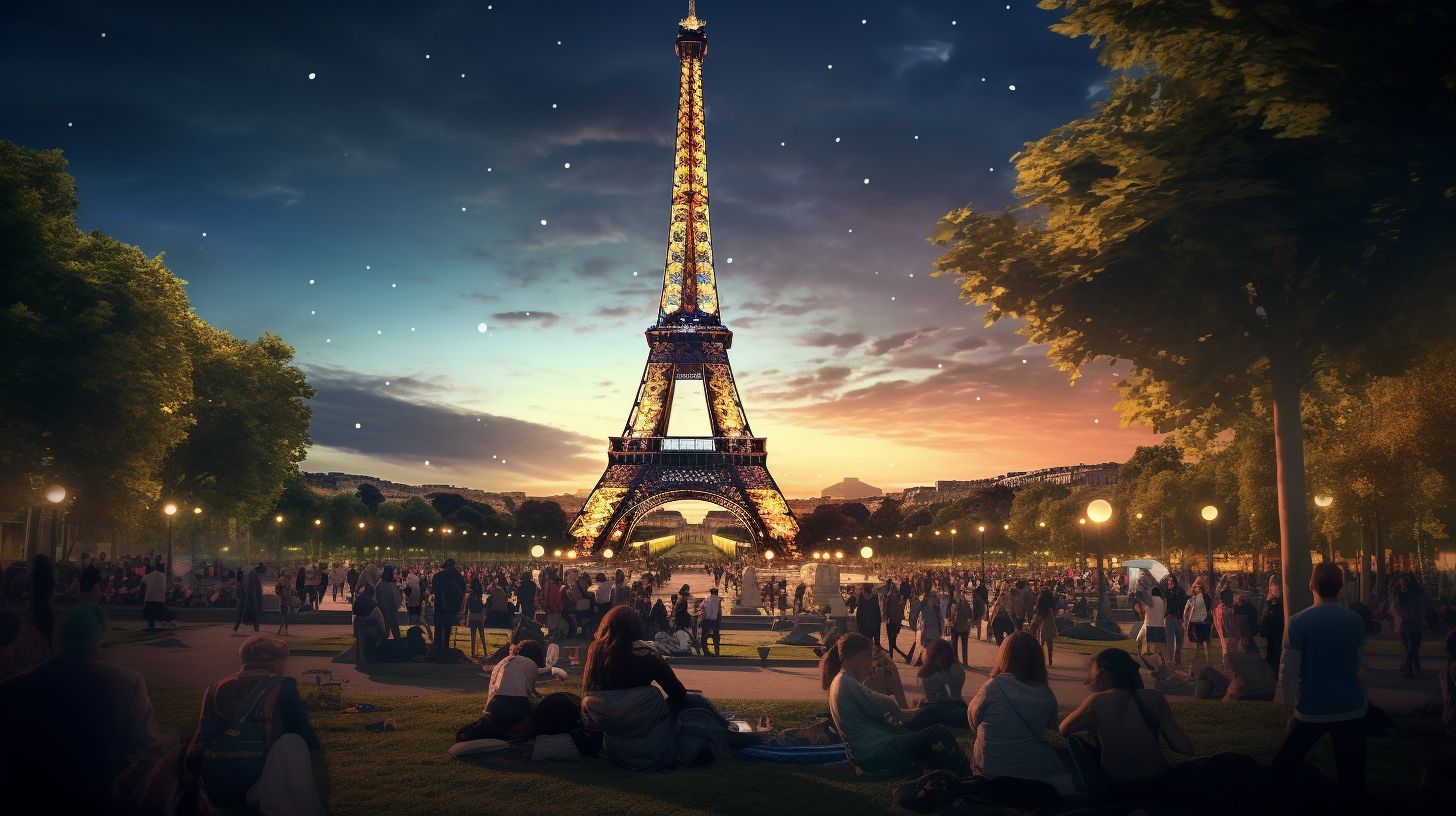 Ein Foto der beleuchteten Eiffelturm bei Nacht mit einer Touristengruppe.