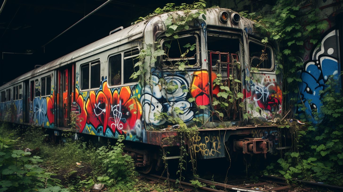 Zwei Hipster erkunden einen verlassenen, mit Graffiti bedeckten Zugwaggon.