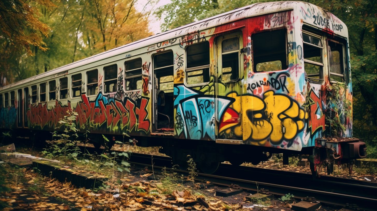 Zwei Hipster erkunden einen verlassenen, mit Graffiti bedeckten Zugwaggon.