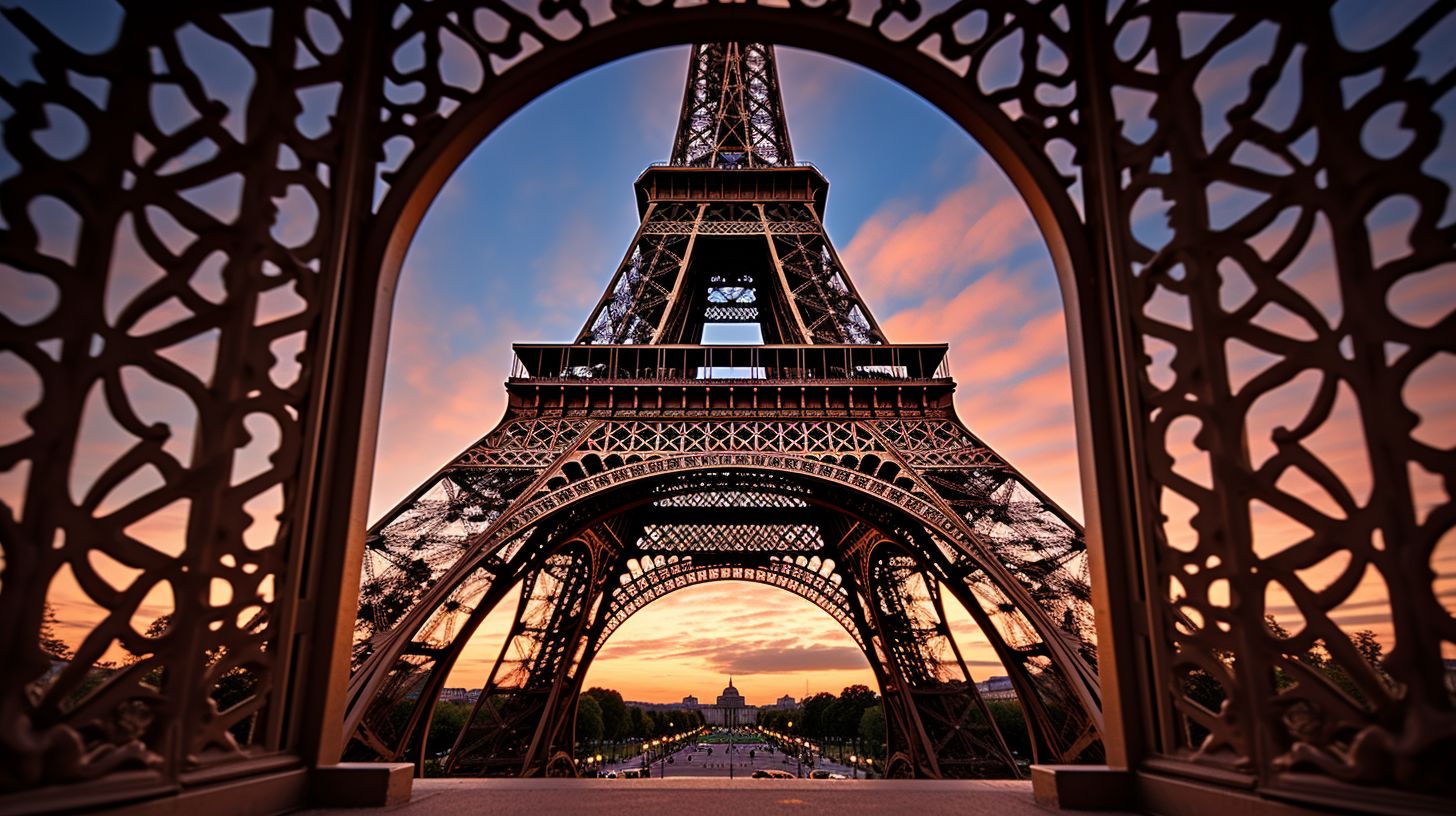 Dieses Foto zeigt die Eleganz des Eiffelturms bei Dämmerung.