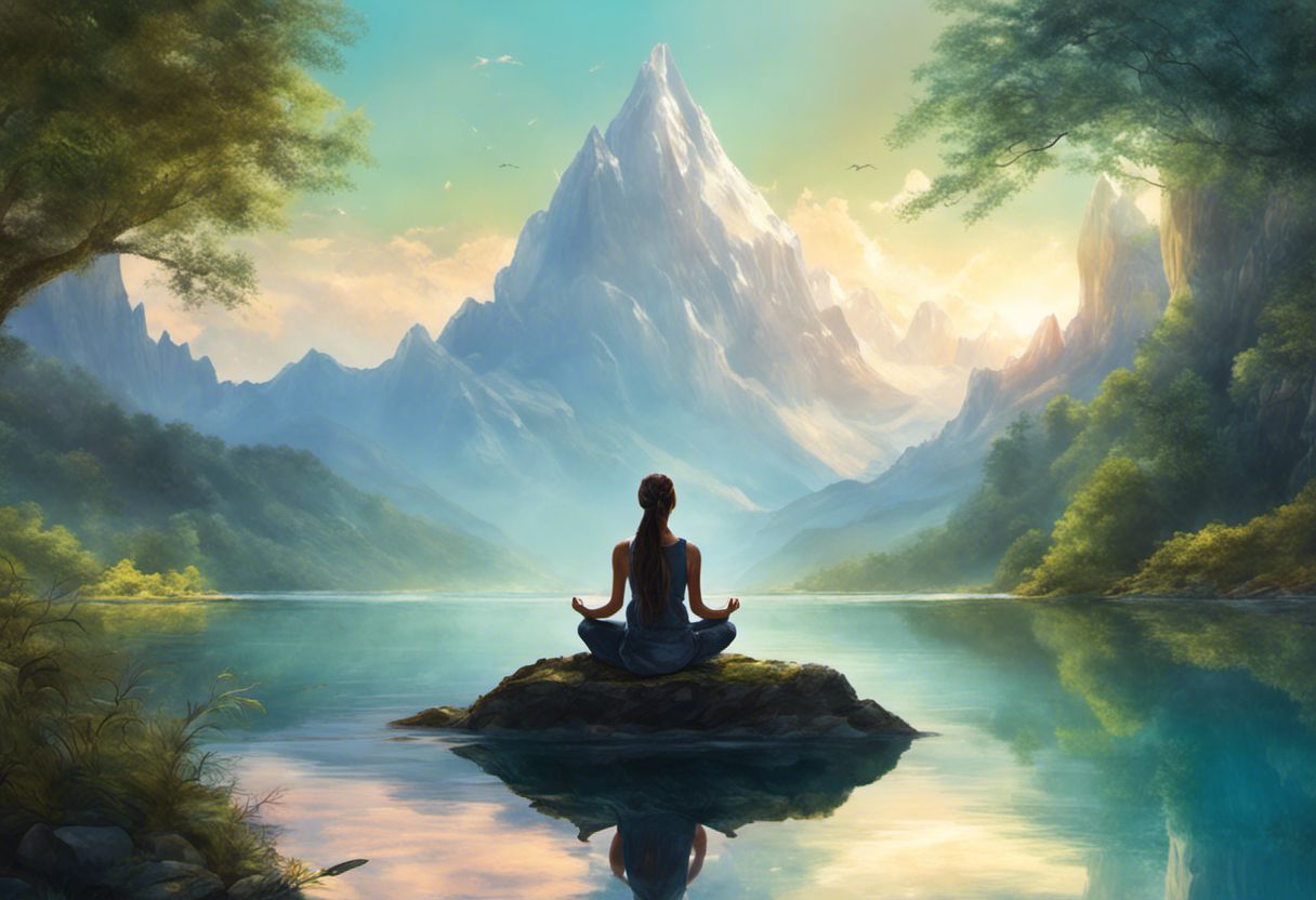 Een persoon mediteert in een serene natuurlijke omgeving, omringd door hoge bergen, een rustig meer en groene bomen die in de wind ritselen.
