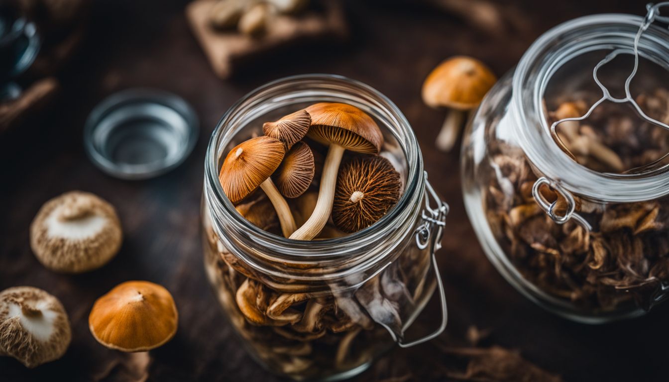 A glass jar filled with dried magic mushrooms, showcased in a professional photo.