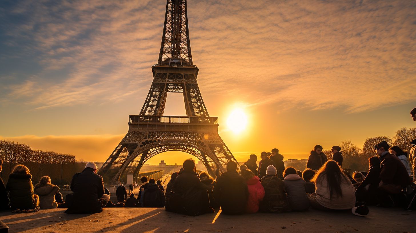 Eine Gruppe Touristen vor dem Sonnenaufgang am Eiffelturm.