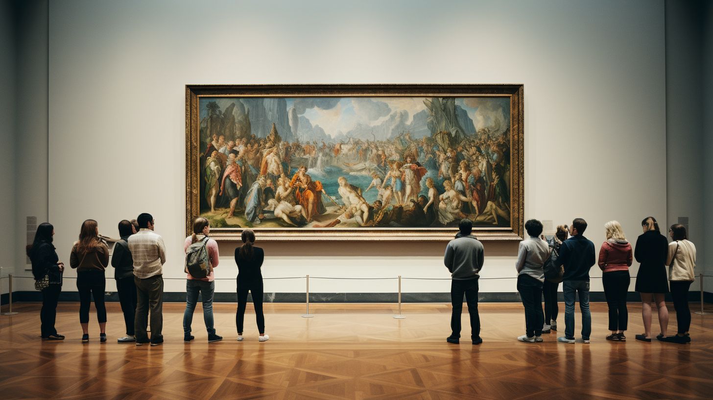 Eine diverse Gruppe betrachtet ein berühmtes Gemälde in einem Kunstmuseum.