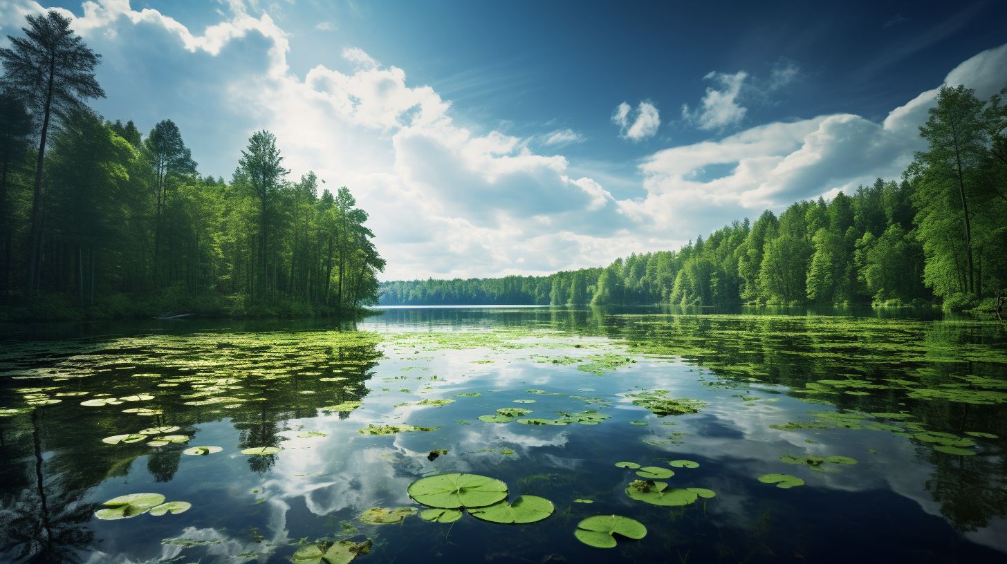 Das Foto zeigt einen idyllischen See umgeben von grüner Landschaft.