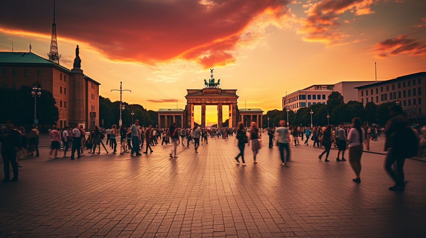 Das Foto zeigt das Brandenburger Tor in einem lebendigen Stadtbild bei Sonnenuntergang.
