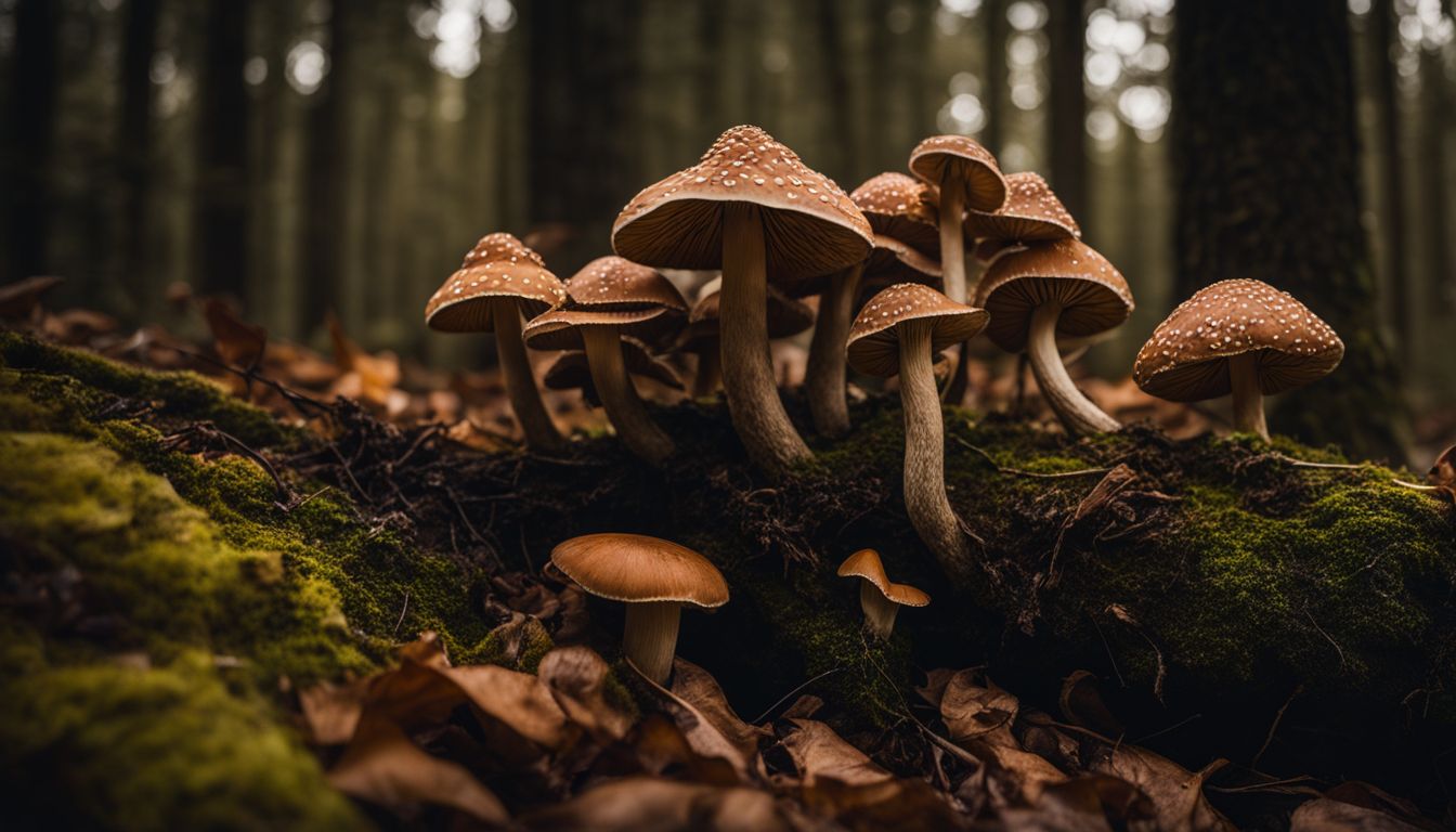 An assortment of dried and shriveled magic mushrooms in a dark forest.