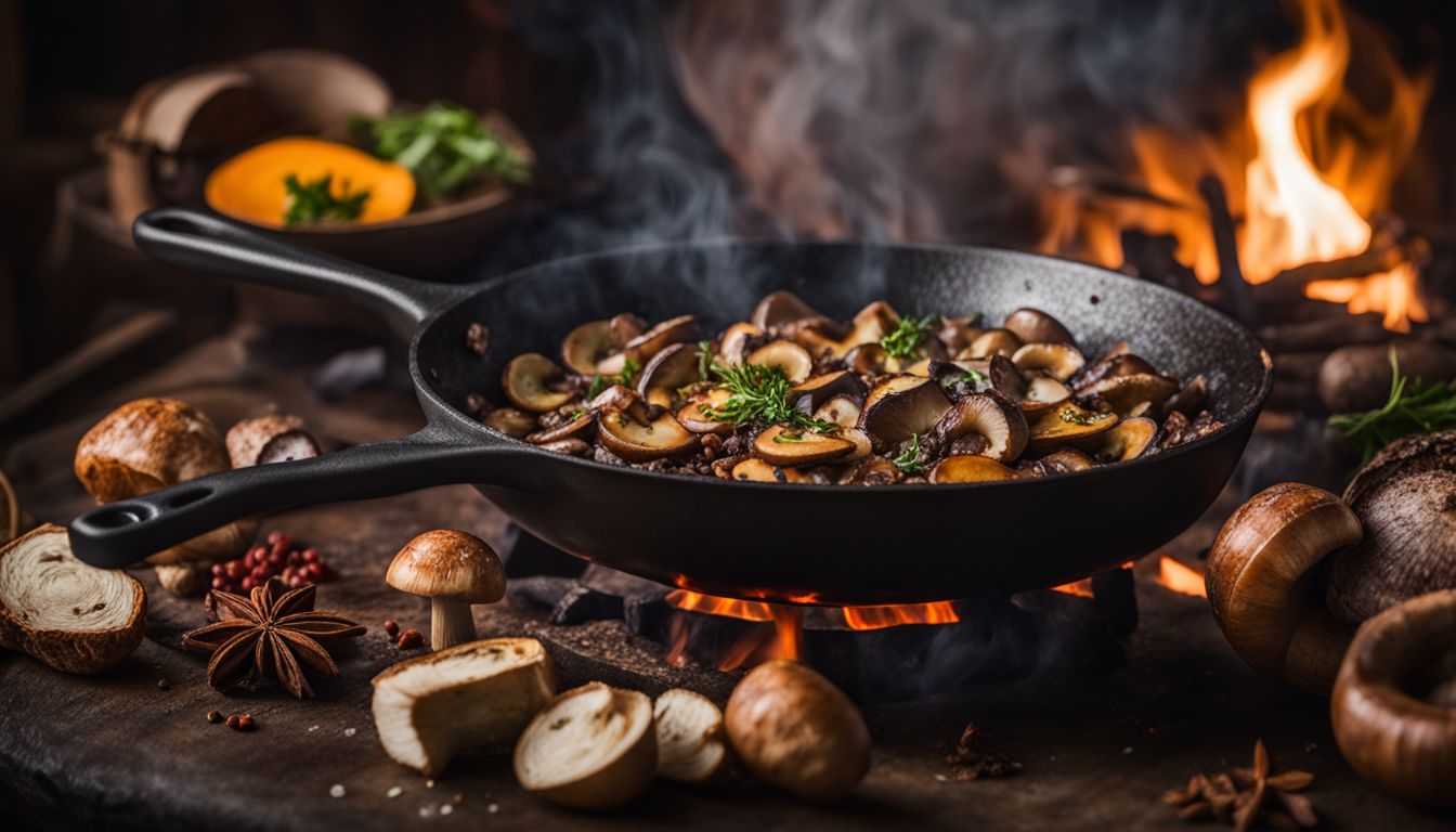 Close-up of a sizzling skillet with mushrooms and spices.