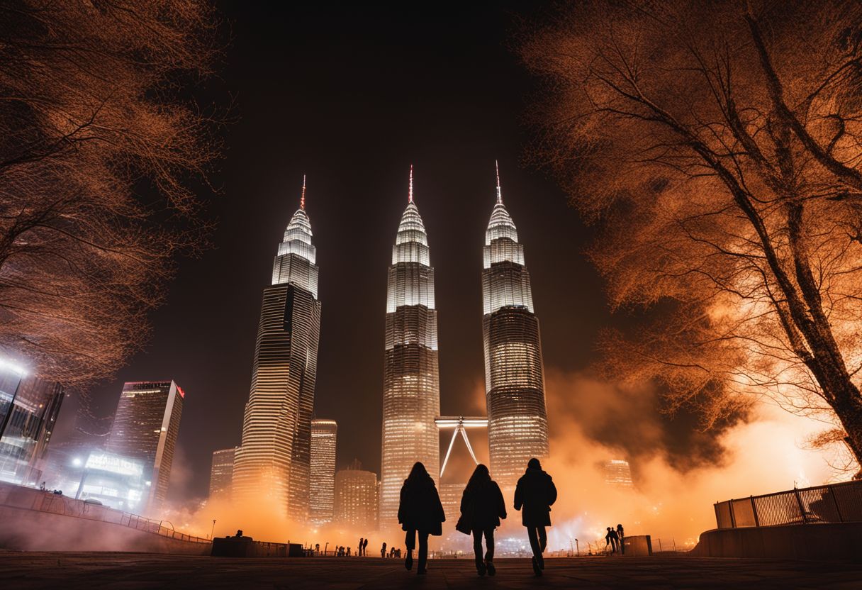 A photo of the burning Twin Towers against a city skyline.