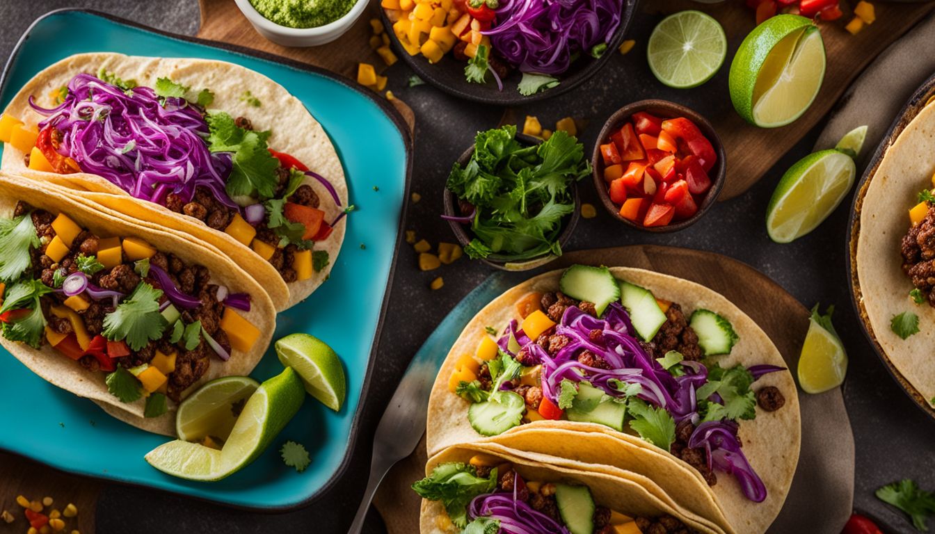 A vibrant plate of vegan tacos surrounded by colorful vegetables and garnishes.